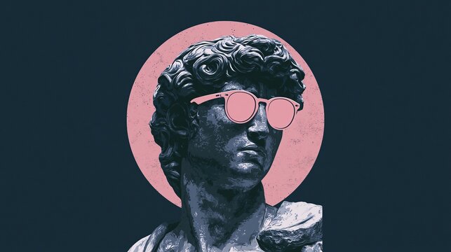 Classical marble bust wearing pink sunglasses against a textured pink circle backdrop