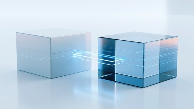 Abstract digital data transfer concept, light energy connecting two modern cubes on a clean white background