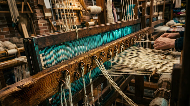 Dutch Tilt Glowing Teal Antique Loom Heddle Frame with Copper Eye Hooks on Amber Pine Shaft Surface