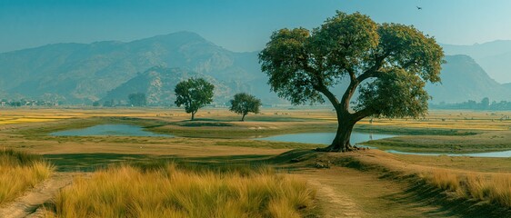 Obraz premium Serene Savannah Landscape with Majestic Trees and Distant Mountains Under a Clear Blue Sky
