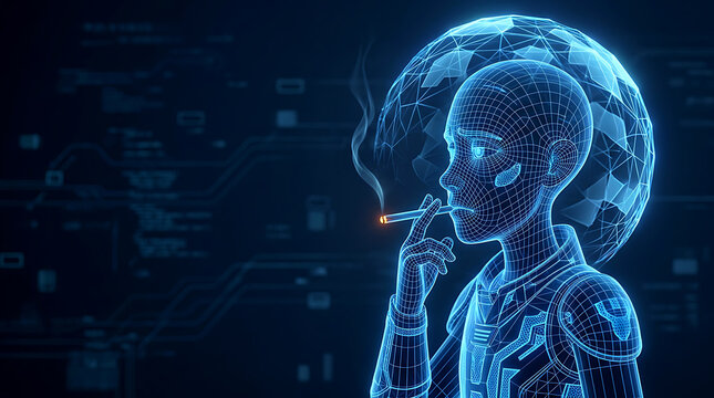 humanoid, smoking, cigarette, wireframe cyborg, digital avatar, glowing shield, blue neon, artificial intelligence, cybernetics, high tech, smoking risk, nicotine addiction, futuristic robot, low poly