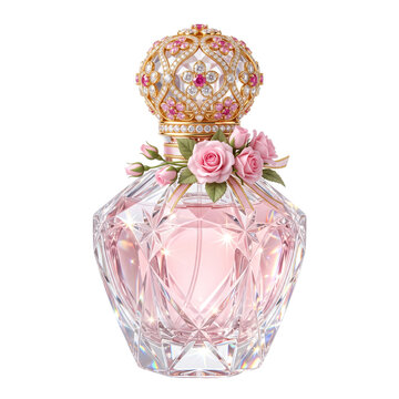 Perfume bottle with crystal glass cut patterns and pink rose decorations sits isolated on a plain background.