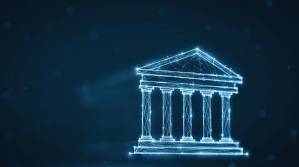 Fototapeta premium Digital wireframe rendering of a classical temple building with glowing blue lines against a dark background.