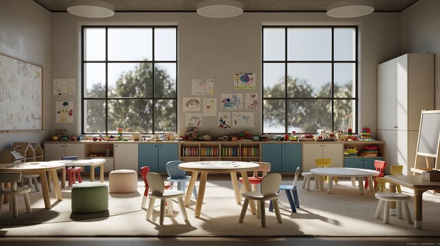 Bright and Airy Kindergarten Classroom Filled with Children's Artwork and Natural Light