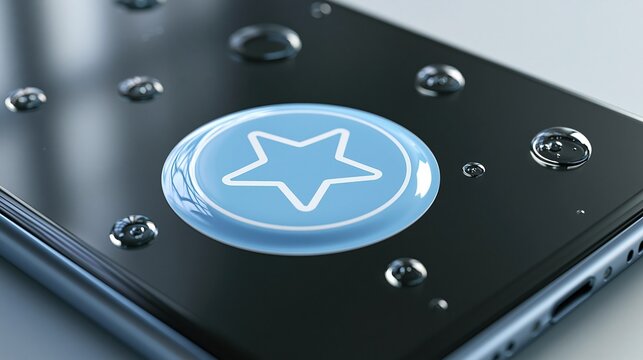 Close-up of a smartphone screen with a blue star icon and water droplets, showcasing durability and technology