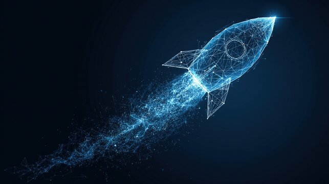 Abstract glowing blue rocket ship launching into dark space, representing startup success and innovation