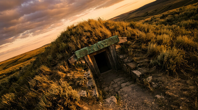 Low Angle Dutch Tilt Amber Lit Scythian Burial Kurgan Entrance with Copper Lintel and Sage Grass Mound