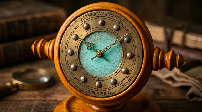 Macro Glowing Teal Antique Sand Dial Face with Copper Bead Hour Marker on Amber Turned Wood Stand