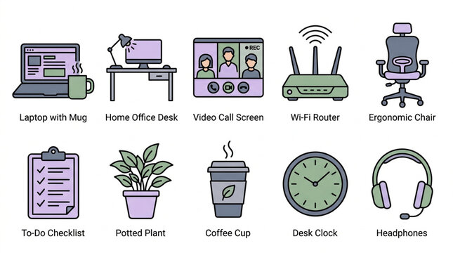 Isolated Remote Work Home Office Laptop Desk 10 Vector Icon Set