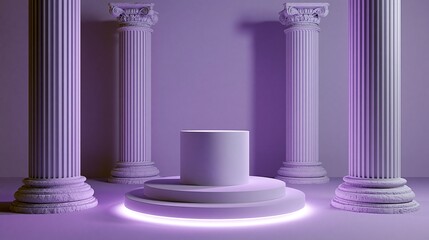Fototapeta premium Minimalist pedestal surrounded by ornate columns with purple neon light accent