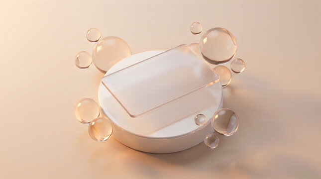 Clear protective case on pedestal surrounded by water droplets with soft studio lighting