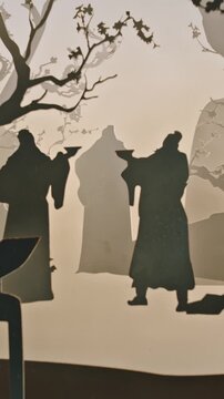 Chengdu, Sichuan, China. Scene Depicting Male Friendship In Ancient China. Men Drink From Cups. Ancient Chinese Bromance. Bromance Is Very Close And Non-sexual Relationship Between Two Or More Men