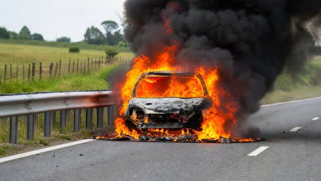 Burning car engulfed in flames and black smoke on rural highway