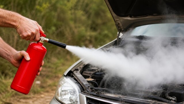 Driver using fire extinguisher on smoke from an open car engine