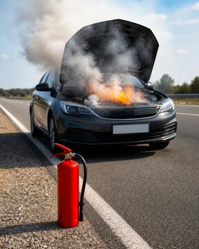 Car engine burning on road shoulder beside a fire extinguisher