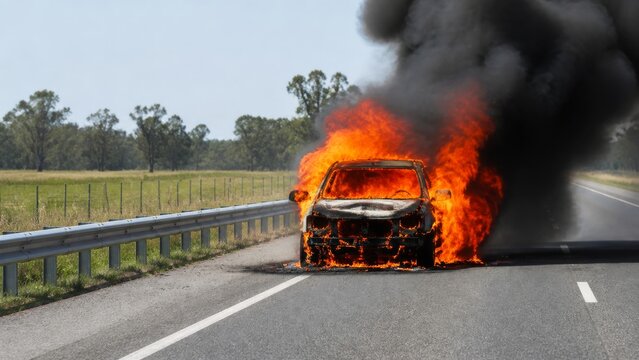Car fully ablaze with dense black smoke on rural road