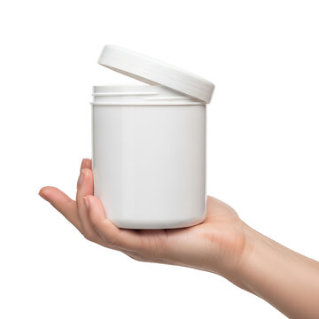 Hand holding a white plastic container with a lid