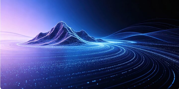 Blue black gradient tech background, left side particle mountains and surrounding particle lines, premium launch KV design