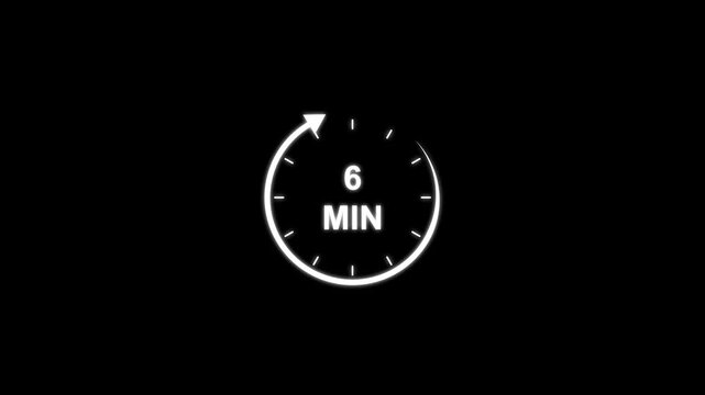 Dynamic 6 Minute Countdown Timer Animation with Circular Progress Indicator, Transparent Background, 4K Motion Graphics