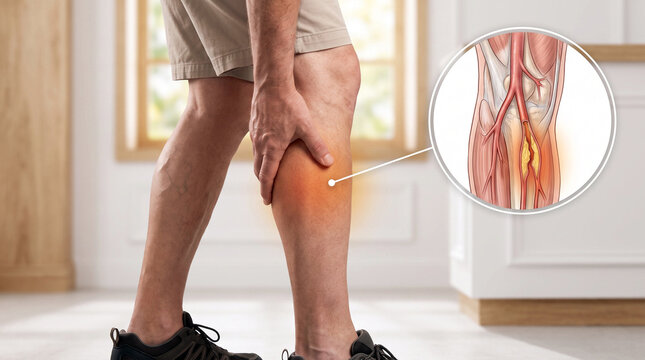 Man Suffering From Peripheral Artery Disease and Claudication Pain With Artery Anatomy Overlay