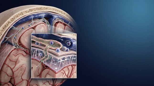 Detailed 3D medical illustration of brain meninges and arachnoid granulation showing cerebrospinal fluid circulation and venous sinus