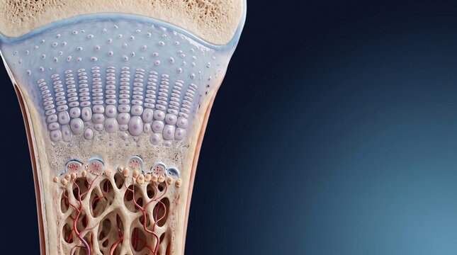 Detailed 3D medical illustration of long bone epiphysis growth plate showing chondrocytes, cartilage zones, ossification and trabeculae