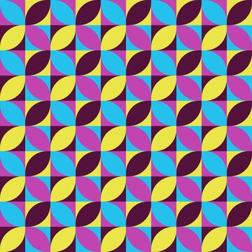 Retro mid-century geometric seamless pattern featuring colorful abstract petal shapes and grid arrangement. Vintage background in bright blue, purple, yellow, and dark plum for wallpaper, textile, fab