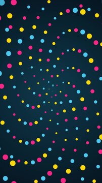 Colorful dots spiral on dark blue background with pink yellow and cyan confetti circles in festive style. 2d animation
