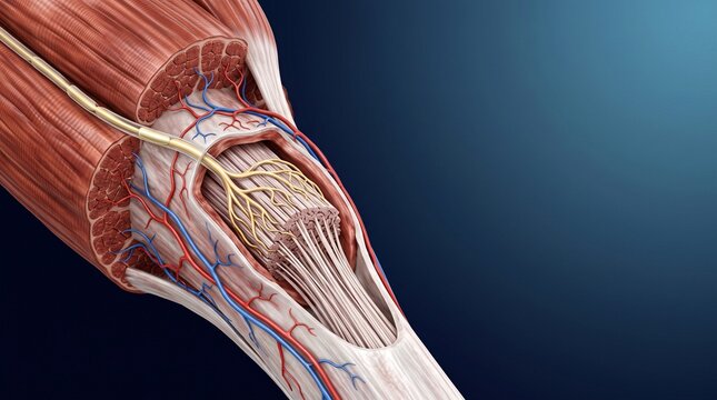 Detailed 3D medical illustration of peripheral nerve fascicle cross section showing epineurium, perineurium, myelin sheath and axons