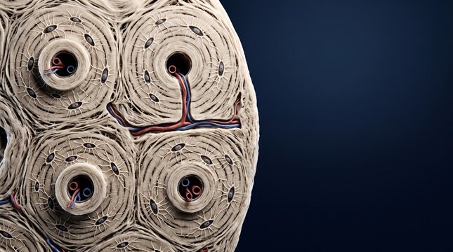 Detailed 3D medical illustration of compact bone osteon cross section showing Haversian canal, lamellae, canaliculi and osteocytes