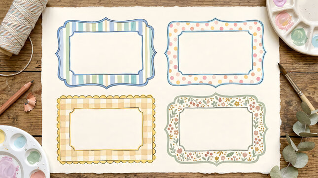 Four decorative patterned frames on a wooden table