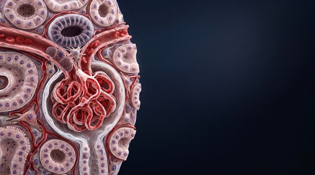 Renal corpuscle and glomerulus microscopic anatomical structure in kidney filtration