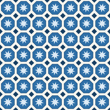 Moroccan tile seamless pattern blue white octagon star background
