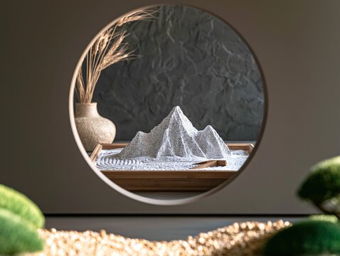 Tranquil Zen Interior Featuring Circular Opening Rock Garden and Dried Wheat Arrangement