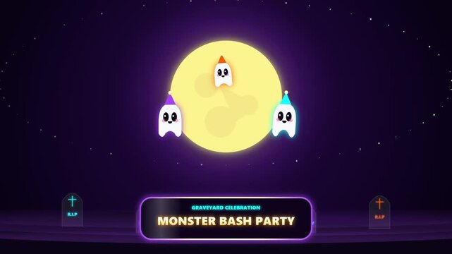 Halloween monster bash party graphic with floating ghosts