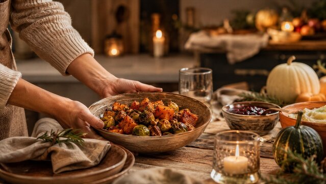 Woman serving roasted vegetable dish on rustic dining table for holiday dinner.