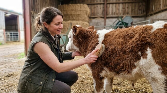 Heartwarming Scene of a Dedicated Farmer Gently Grooming a Young Calf in a Rustic Barn Setting Emphasizing the Deep Connection Between Humans and Animals