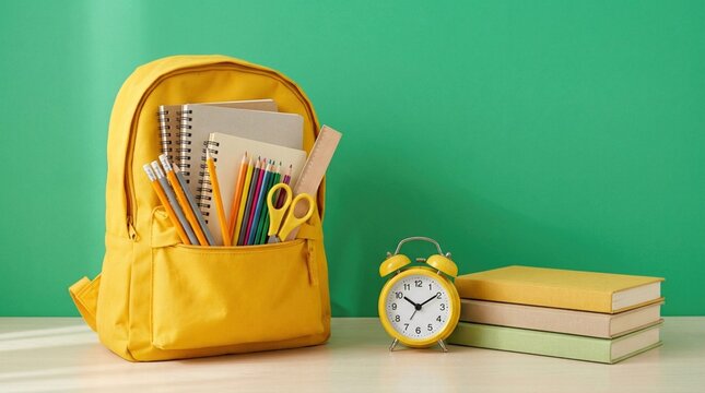 Yellow backpack filled with colorful school supplies beside alarm clock on green background representing back to school preparation education learning classroom organization readiness