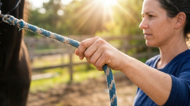 A tender moment of connection between a woman and her horse captured in the golden light of a serene ranch afternoon