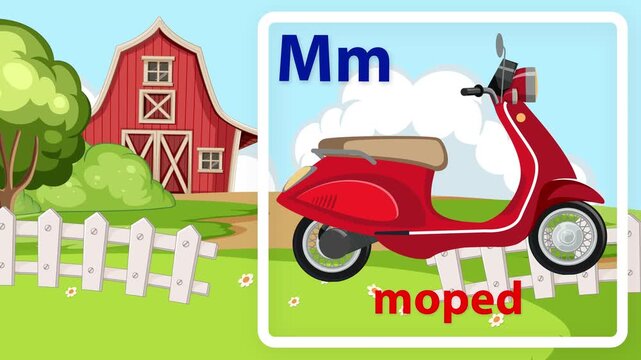 Educational Alphabet Animation for Letter M with Red Moped and Farm Background