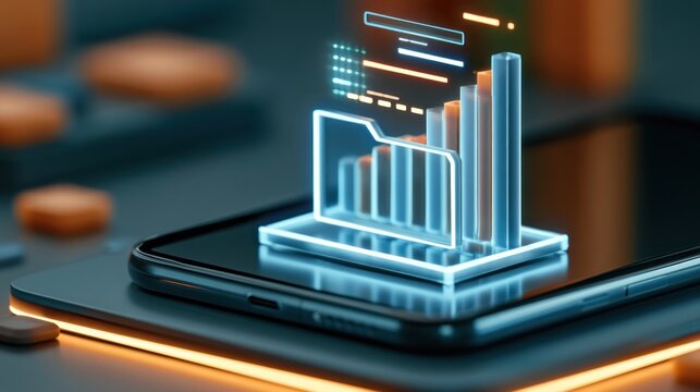Digital graph and folder icon overlay on a smartphone screen abstract data visualization