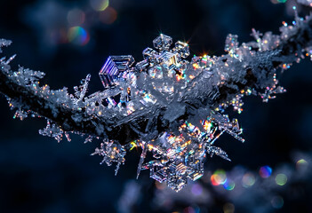 Obraz premium Sparkling iridescent snowflakes and ice crystals on a twig