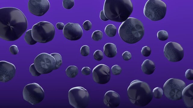 Blueberries flying on purple gradient background with many ripe juicy berries levitating in the air. 3d rendering