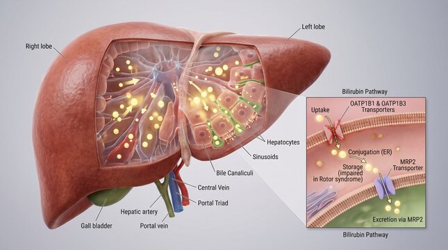Human liver cross section showing bilirubin pathway, OATP transporters and cellular excretion