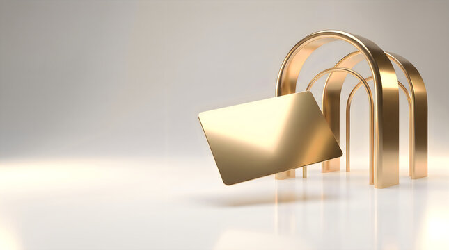 Golden arrow entering abstract archway with soft studio lighting and reflective surface representing progress