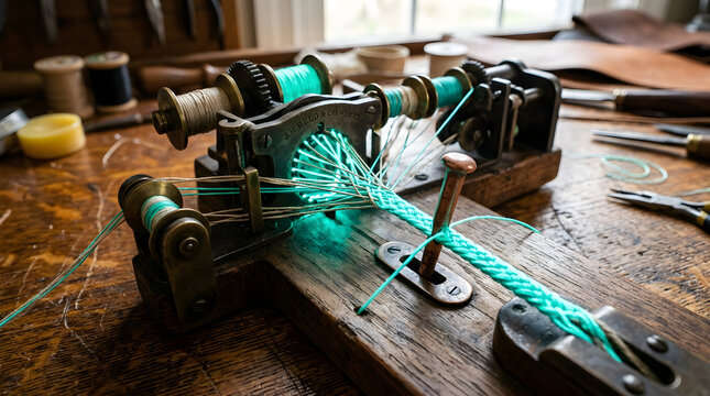 Macro Glowing Teal Antique Whip Maker Cracker Braiding Jig with Copper Pin on Amber Oak Bench Surface