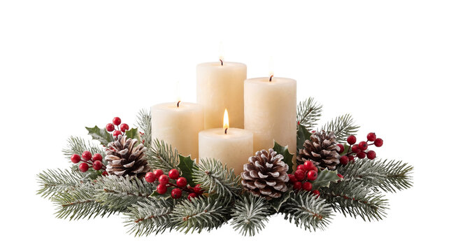 Christmas advent wreath with four white pillar candles, festive holiday centerpiece with pine branches and red berries, winter seasonal table decoration isolated PNG with Transparent Background