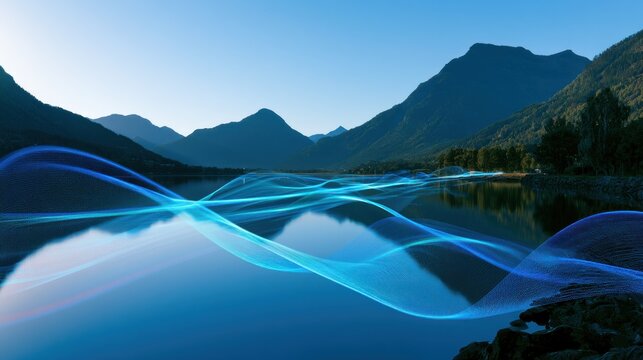 Abstract blue light waves flowing over serene mountain lake at sunrise