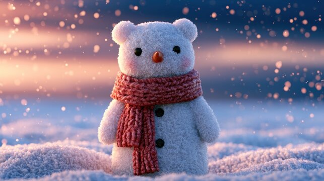 Cute snowman toy with pink scarf in snowy winter wonderland