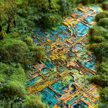 Abstract nature meets technology lush green forest surrounding a vibrant intricate circuit board river